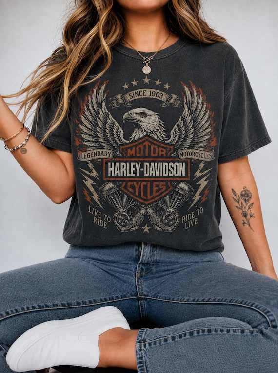 Harley Davidson Eagle Graphic Tee, Vintage Motorcycle Comfort Colors Shirt