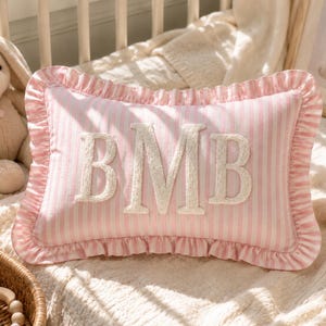 Monogram Custom Embroidered Pillow: Personalized College Gift Dorm Decor, Striped Ruffled Cushion, Graduation Gift