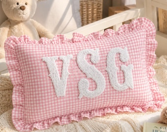 Personalized Monogram Pillow Cover, Gingham Dorm College Decor, Initial Cushion, High School Grad Gift