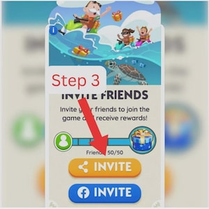 Pu&ograve; includere: Una schermata di interfaccia di gioco digitale con un'illustrazione a cartoni animati di personaggi su moto d'acqua nell'oceano con una tartaruga marina. Il testo recita Step 3, INVITE FRIENDS, Invite your friends to join the game, 50/50, INVITE.