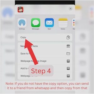 Pu&ograve; includere: Un menu di interfaccia digitale che mostra opzioni di condivisione come AirDrop, Messages, Mail e Notes. Una freccia rossa punta all'opzione Copia. Sotto il menu, il testo Passaggio 4 &egrave; visibile, seguito da una nota sulla funzione di copia.