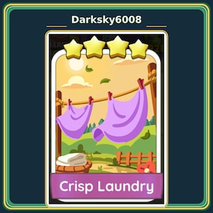 May include: A rectangular game card featuring a cartoon illustration of two purple cloths hanging on a clothesline with red clothespins. The scene includes a sunny landscape with green hills and a wooden fence. The text Crisp Laundry is at the bottom.