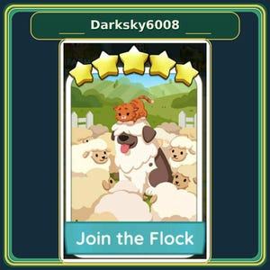 May include: A digital game card featuring five yellow stars at the top and the text Join the Flock at the bottom. The illustration depicts a large white and brown dog surrounded by a group of fluffy white sheep with an orange tabby cat on its head.
