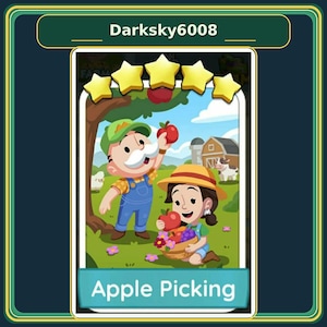 May include: A rectangular digital game card titled Apple Picking featuring a cartoon illustration of a person with a white mustache in blue overalls and a person in a straw hat gathering red apples into a basket near a farm with a cow.