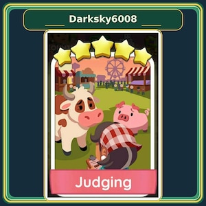 May include: A digital game card featuring five yellow stars at the top and the text "Judging" in white on a pink banner at the bottom. The illustration shows a cow, a pig, and a person with a clipboard at a fair with a Ferris wheel in the background.