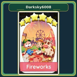 May include: A digital game card featuring a cartoon scene with a person with a mustache, a person with a hat, a cow, a sheep, a pig, and a chicken on a red and white checkered blanket. Above them are six yellow stars and the word Fireworks.
