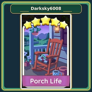 Op de afbeelding: Een digitale spelkaart getiteld Porch Life met een bruine houten schommelstoel op een veranda met een deken, een boek, een mok en potbloemen. De kaart is bekroond met vijf gele sterren en heeft een donkerblauwe rand met de tekst Darksky6008.