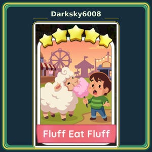 May include: A rectangular game card featuring five yellow stars at the top and the text Fluff Eat Fluff at the bottom. The illustration shows a white sheep eating pink cotton candy held by a cartoon character in a green shirt and blue pants.