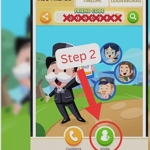 Pu&ograve; includere: Un'interfaccia di gioco digitale con un personaggio dei cartoni animati in abito nero e cilindro. Lo schermo mostra le schede ADD FRIENDS, TIMELINE e LEADERBOARD. Una freccia rossa punta a un pulsante INVITE con un'icona verde.