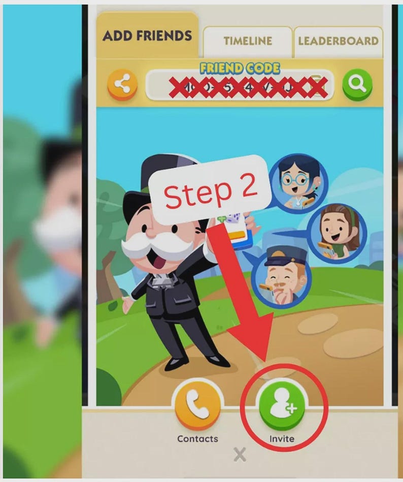 Pu&ograve; includere: Un'interfaccia di gioco digitale con un personaggio dei cartoni animati in abito nero e cilindro. Lo schermo mostra le schede ADD FRIENDS, TIMELINE e LEADERBOARD. Una freccia rossa punta a un pulsante INVITE con un'icona verde.