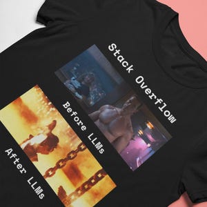 May include: A black t-shirt featuring a graphic print with two panels. The top panel labelled 'Stack Overflow Before LLMs' shows a person in a dark room. The bottom panel labelled 'After LLMs' shows a figure reaching towards a chain in a fiery orange scene.