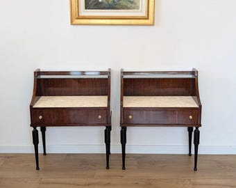 Vintage Italian Nightstands, Sage Green Opaline Glass, Rosewood Veneer, Brass Sabots