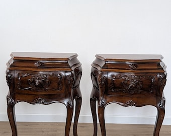Pair Italian Rococo Revival Nightstands, Carved Walnut Bedside Tables