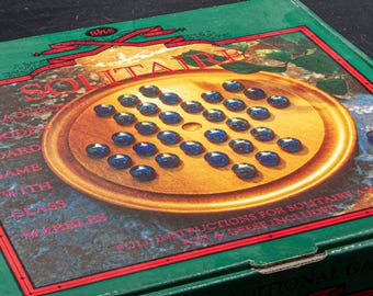 Wooden Solitaire Board Game with Blue Glass Iridescent Marbles, Classic Traditional Strategy Game, Coffee Table Display, and Play