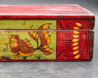 Wooden Chinese Antique Box, 19th C. with Lid, Hand-painted Artisan Fish Decorated, Rustic Ethnic Home Decor
