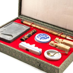 Chinese Calligraphy Brush Writing Set, Vintage Original Box with Chinese Traditional Writing and Art Set