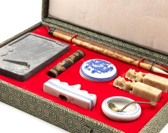 Chinese Calligraphy Brush Writing Set, Vintage Original Box with Chinese Traditional Writing and Art Set