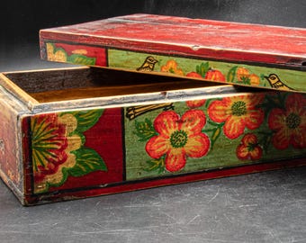 Antique Chinese Wooden Box, 19th C. with Lid and Hand-painted Artisan Floral Decorated, Rustic Ethnic Home Decor