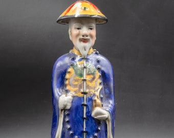 Chinese Porcelain Mandarin Figurine, Antique Handpainted Qing Dynasty Statue