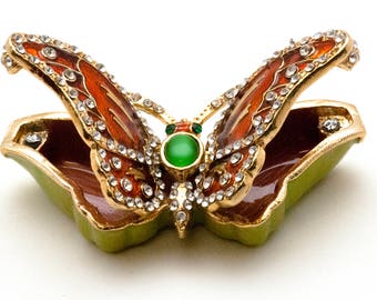 Vintage Butterfly Trinket Box, Small Decorative Enameled and Rhinestones Metal Butterfly Double Box, Butterfly Decor, Wedding Ring Box