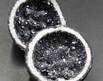Mini Black Moroccan Oco Geode Mineral with Sparkling Calcite and Quartz Crystal Formations, Gemstone Rock