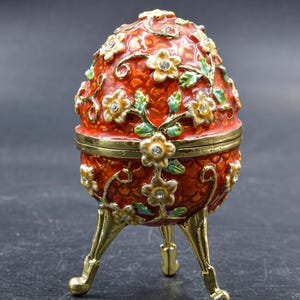 Egg Vintage Trinket Box, Faberge Style Egg, Red & Gold Enamel Decorated Egg Small Box, Collectible Eggs, Egg Art, Collectible Box image 1