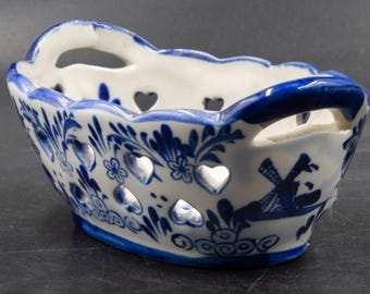Vintage Delft Handpainted Blue Dutch Porcelain Bowl,  Windmill Scene and Floral Design with Cutout Hearts, Made in Holland