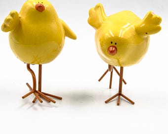 Decorative Ceramic Chickens Set of 2, Yellow Small Chicks, Hen Figurine, Rustic Decor, Kitchen Farmhouse Decor