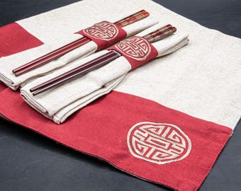 Set 19 Pieces - Chinese Table Runner, 6 Placemats, 6 Napkins, and 6 Wooden Chopsticks, Asian Dinner Table Decor