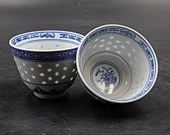 Vintage Blue and White Rice Grain Porcelain Small Bowls Set of 2, Oriental Style Kitchen Decor