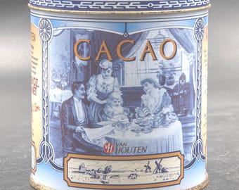 Van Houten Cocoa Tin Box, Vintage Blue and White Dutch Cylindrical Tin, Nostalgic Images of the Past