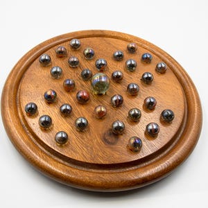 Vintage 25 cm Wooden Solitaire Board Game with Glass Iridescent Marbles, Classic Solitaire Strategy Game, Coffee Table Display and Play