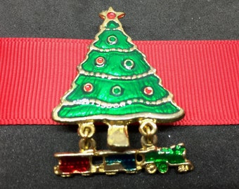 Christmas Tree Brooch with Dangling Toy Train, Vintage Enamel Holiday Brooch, Christmas Jewelry, Christmas Gift, Christmas Party Brooch