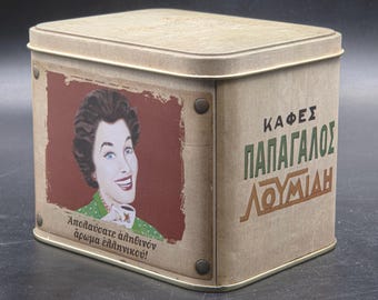 Original Greek Coffee Tin Box, Mid Century Decoration, Loumidis Papagalos, Greece, Collectible Tin Box