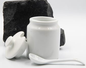 Lidded Pottery White Sugar Bowl with Spoon, Porcelain Condiment Spice Jar, Honey Jar, Kitchen and Tableware Decor