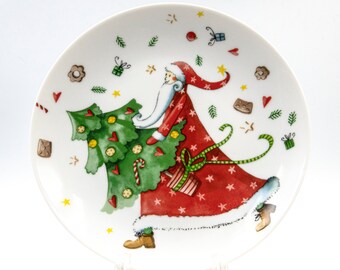 Plate Set2 Santa with Christmas Tree, Christmas Holiday Plates, Christmas Table Decor, Porcelain Plates Holiday Vintage Christmas Gift