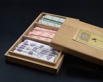 Handcrafted Wood Toothpicks set of 80, Colorful Japanese Paper Sleeves and Wooden Box Case, Cocktail and Appetizers Picks, Made in Japan