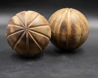 Decorative Wooden Large Balls Set of 2, Rustic Home Decor, Vintage Engraved Stripes Wood Balls