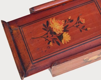 Unique Big Antique Chinese box, 19th C. Wooden Box with Sliding Lid and Hand-painting Artisan Floral  Decorated, Rustic Ethnic Home Decor