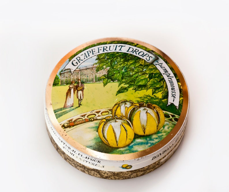 Edwardian Style Period Small Round Tin Box Tin English Box Grapefruit Drops Tin Candy Box Citrus Tin Box Made in England Trinket Box