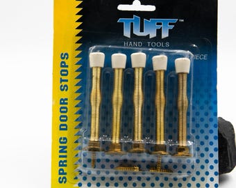 Pack of 5 Vintage Spring Door Sops Brass Plated with Rubber Cupped Ends to Prevent Damage, Unused Wall Door Stop