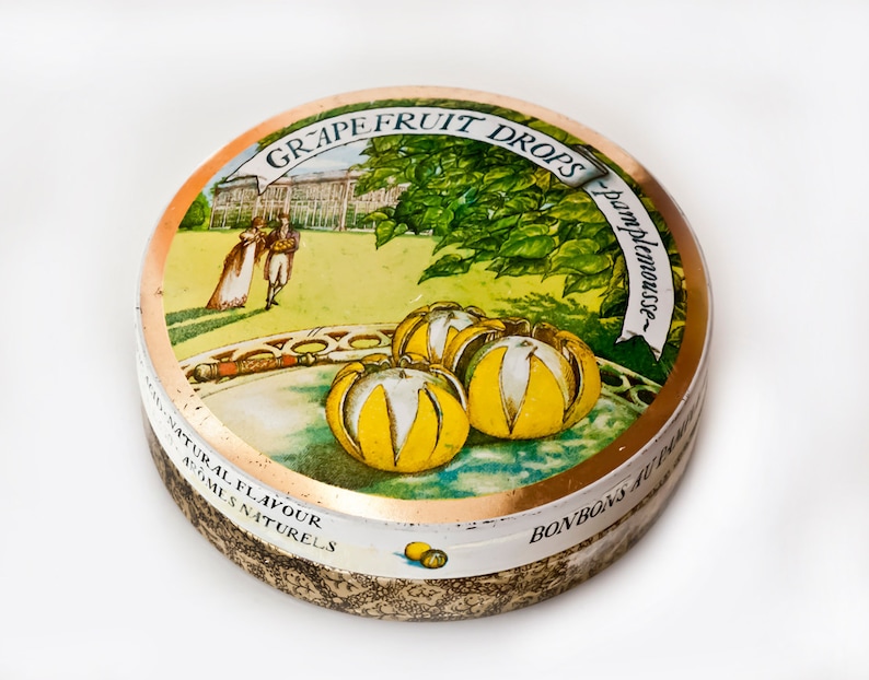 Edwardian Style Period Small Round Tin Box Tin English Box Grapefruit Drops Tin Candy Box Citrus Tin Box Made in England Trinket Box