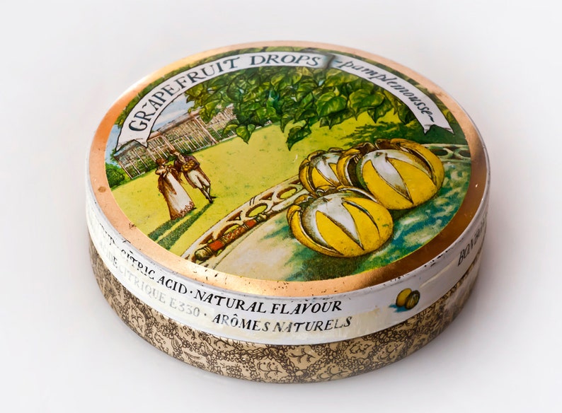 Edwardian Style Period Small Round Tin Box Tin English Box Grapefruit Drops Tin Candy Box Citrus Tin Box Made in England Trinket Box