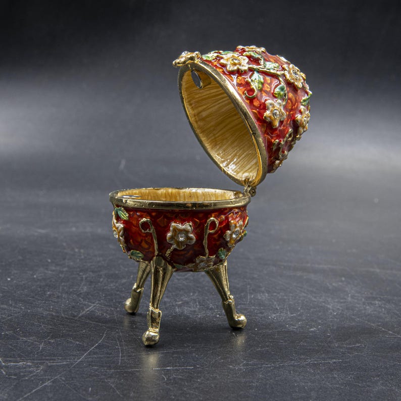 Egg Vintage Trinket Box, Faberge Style Egg, Red & Gold Enamel Decorated Egg Small Box, Collectible Eggs, Egg Art, Collectible Box image 2