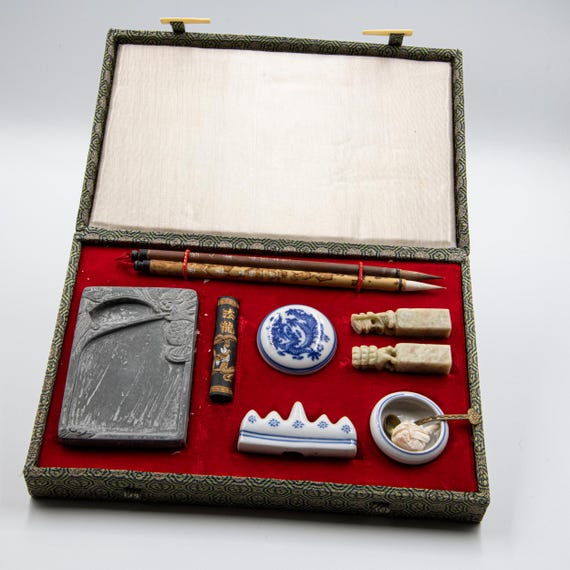中国書道用筆記具セット、ヴィンテージオリジナルボックス入り、中国の