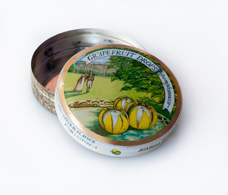 Edwardian Style Period Small Round Tin Box Tin English Box Grapefruit Drops Tin Candy Box Citrus Tin Box Made in England Trinket Box