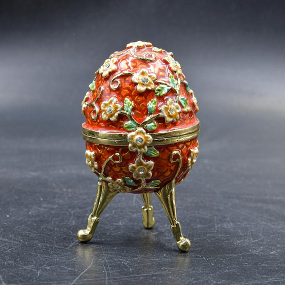 Egg Vintage Trinket Box, Faberge Style Egg, Red & Gold Enamel Decorated Egg Small Box, Collectible Eggs, Egg Art, Collectible Box