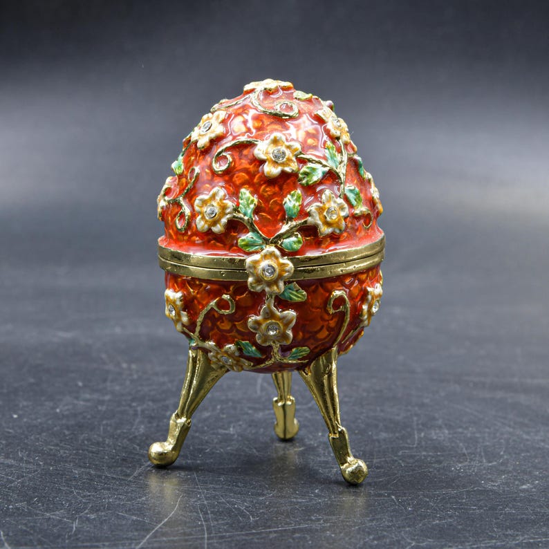 Egg Vintage Trinket Box, Faberge Style Egg, Red & Gold Enamel Decorated Egg Small Box, Collectible Eggs, Egg Art, Collectible Box image 1