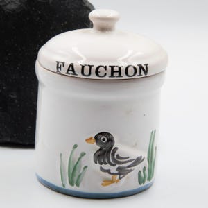 Fauchon Storage Pot with Lid, Vintage French White Ceramic Pot with Duck Decoration, Sugar or Condiment Pot, Kitchen and Tableware Decor