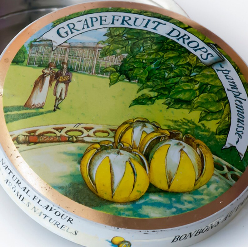 Edwardian Style Period Small Round Tin Box Tin English Box Grapefruit Drops Tin Candy Box Citrus Tin Box Made in England Trinket Box